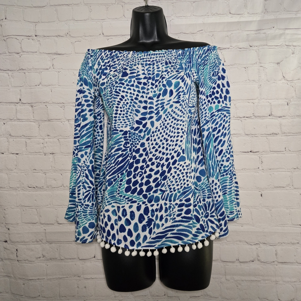 Lilly Pulitzer Blue Patter Off Shoulder Flare Sleeve Pompom Hem‎ Blouse Sz M